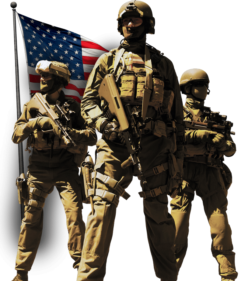 armed soldiers before american flag