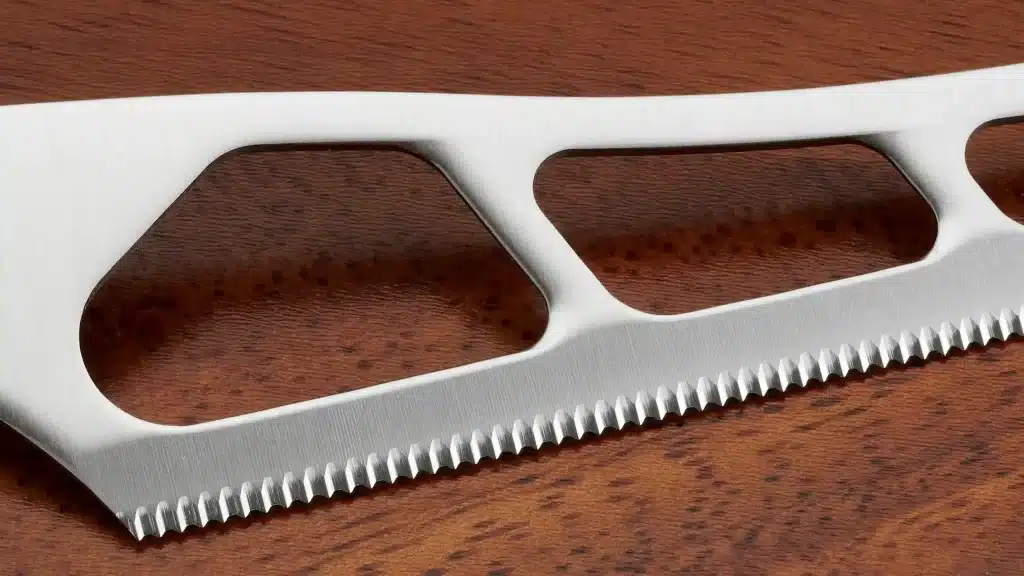 Serrated stainless steel cheese knife blade with cutout design hd