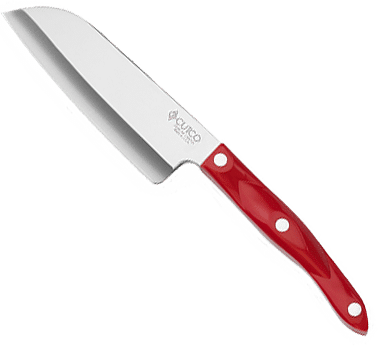 Santoku-style kitchen knife with stainless steel blade and red handle